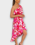 AX Paris Floral One Shoulder Frill Detail Dipped Hem Dress - 12