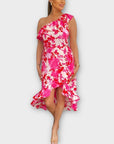 AX Paris Floral One Shoulder Frill Detail Dipped Hem Dress - 12