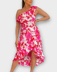 AX Paris Floral One Shoulder Frill Detail Dipped Hem Dress - 12