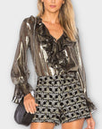 Alice + Olivia Silk Blend Metallic Elliot Ruffle Blouse - XS