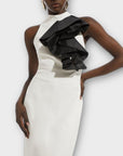 Compact Stretch Taffeta Asymmetric Ruffle Tailored Midi Dress - 10