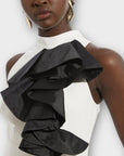 Compact Stretch Taffeta Asymmetric Ruffle Tailored Midi Dress - 10