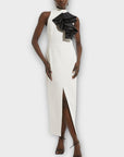 Compact Stretch Taffeta Asymmetric Ruffle Tailored Midi Dress - 10