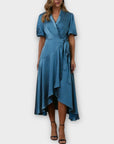 Wallis Satin Balloon Sleeve Wrap Midi Dress - 18