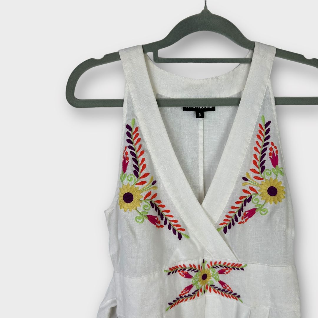 Warehouse Floral Embroidery Linen Mini Dress 6