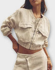 Zara Cropped Linen Bomber Jacket - L