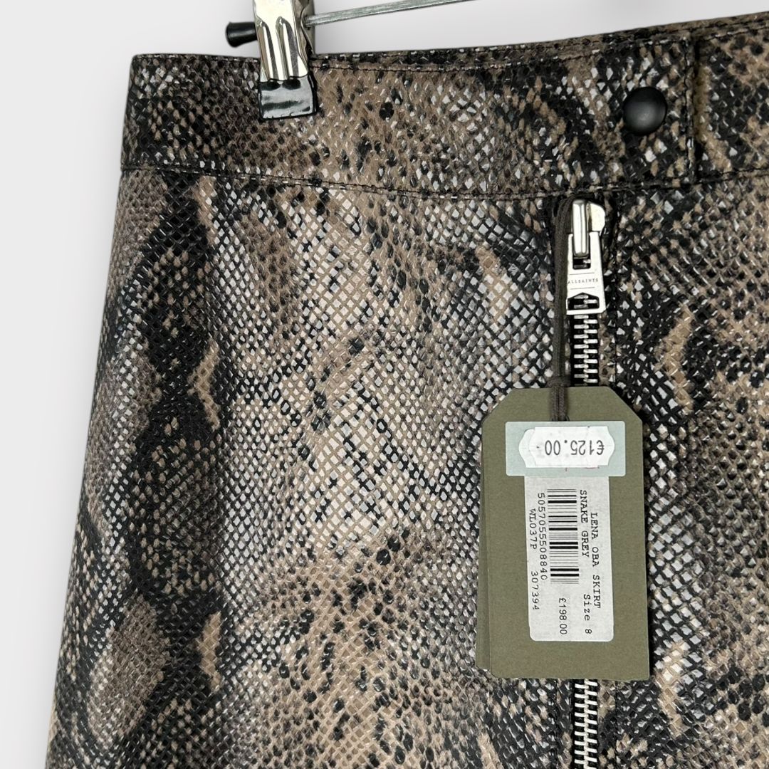 All Saints Lena Oba Leather Snake Print Skirt - 8