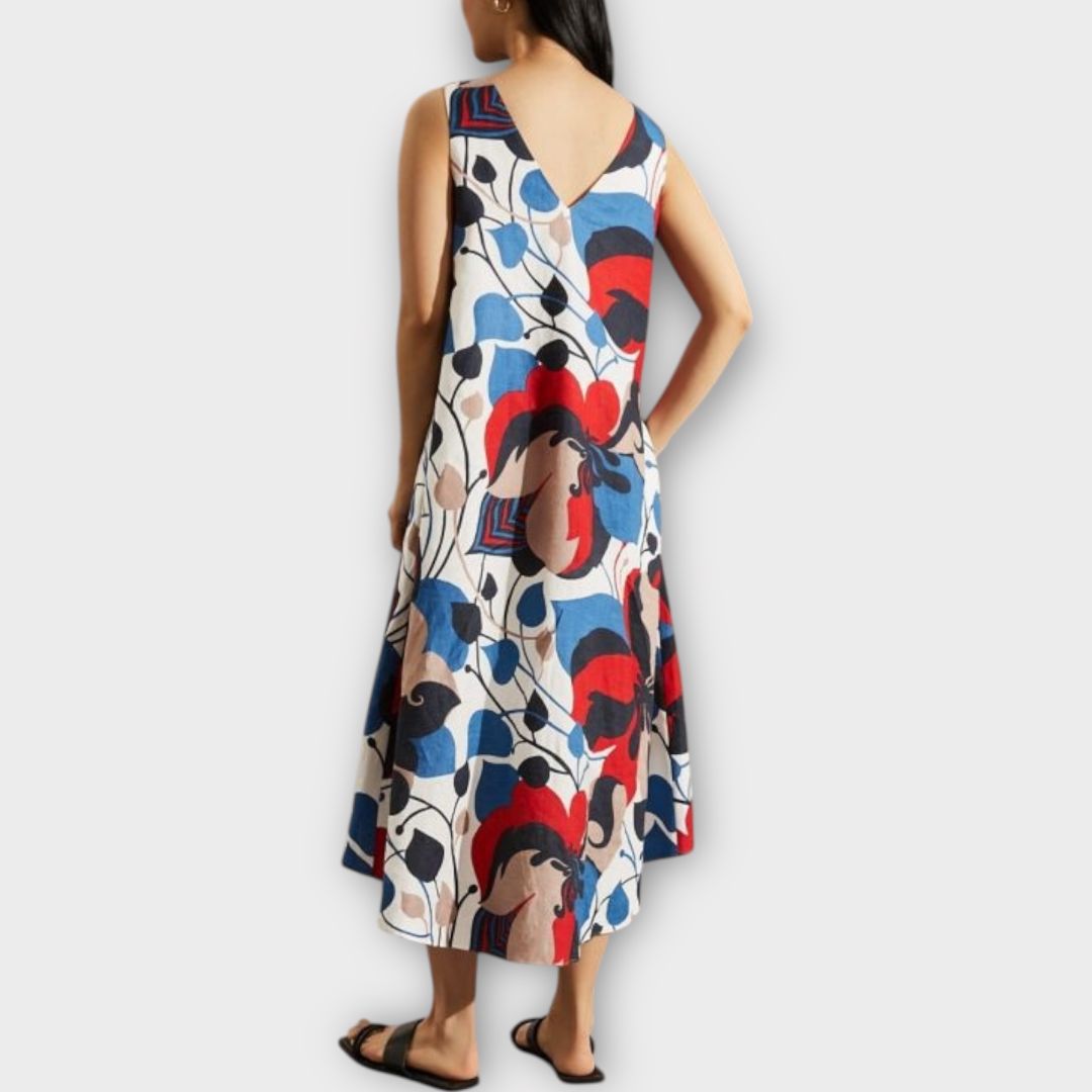 Jaeger Linen Floral V-Neck Midi Column Dress - 12