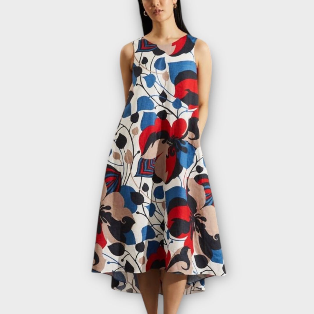 Jaeger Linen Floral V-Neck Midi Column Dress - 12