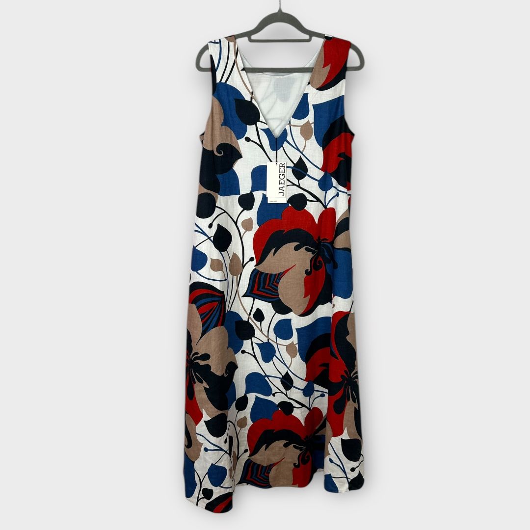 Jaeger Linen Floral V-Neck Midi Column Dress - 12