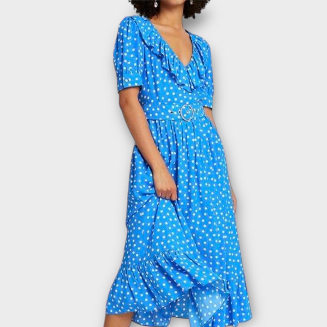 River Island Belted Spot Print Frill Hem Midi Dress - 6