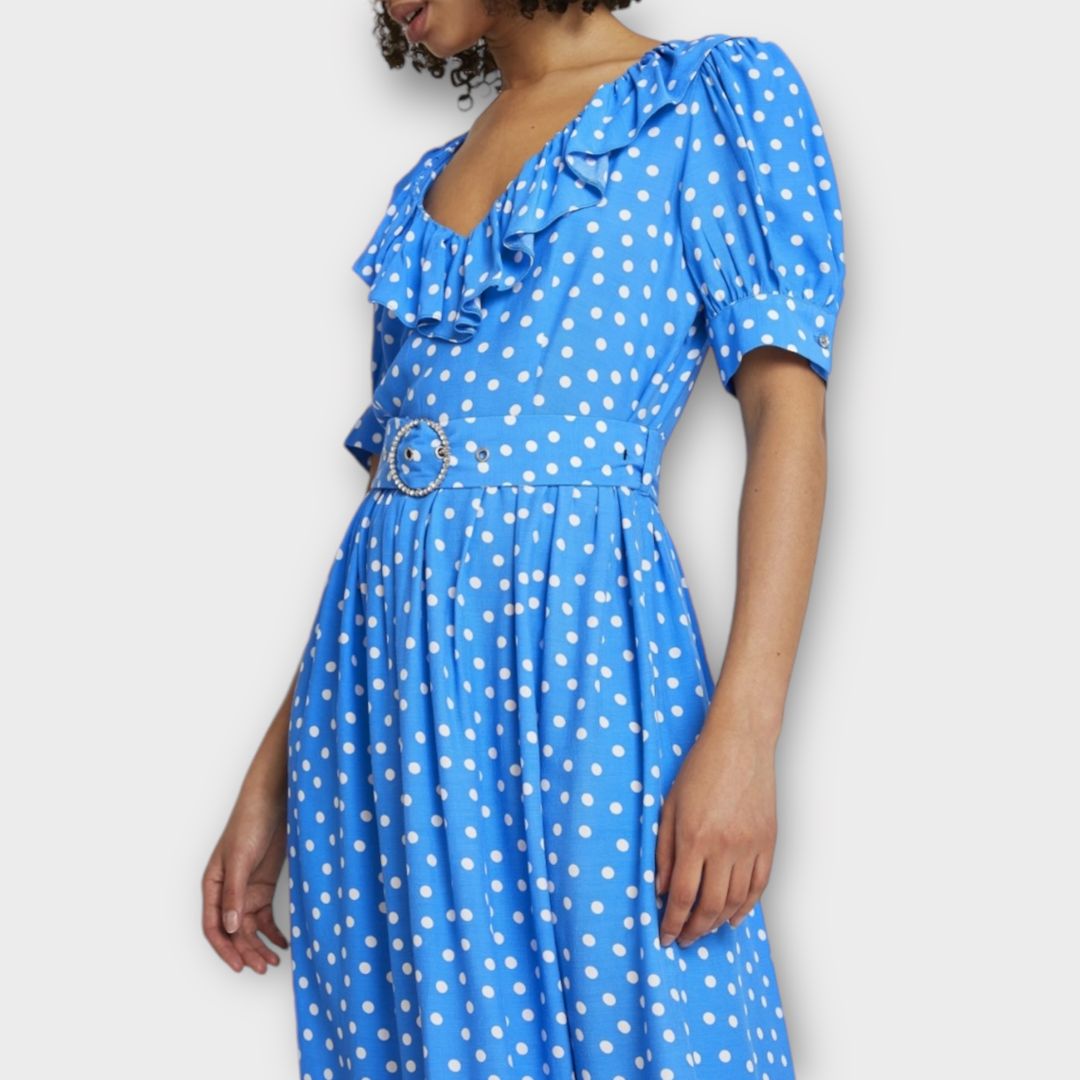 River Island Belted Spot Print Frill Hem Midi Dress - 6