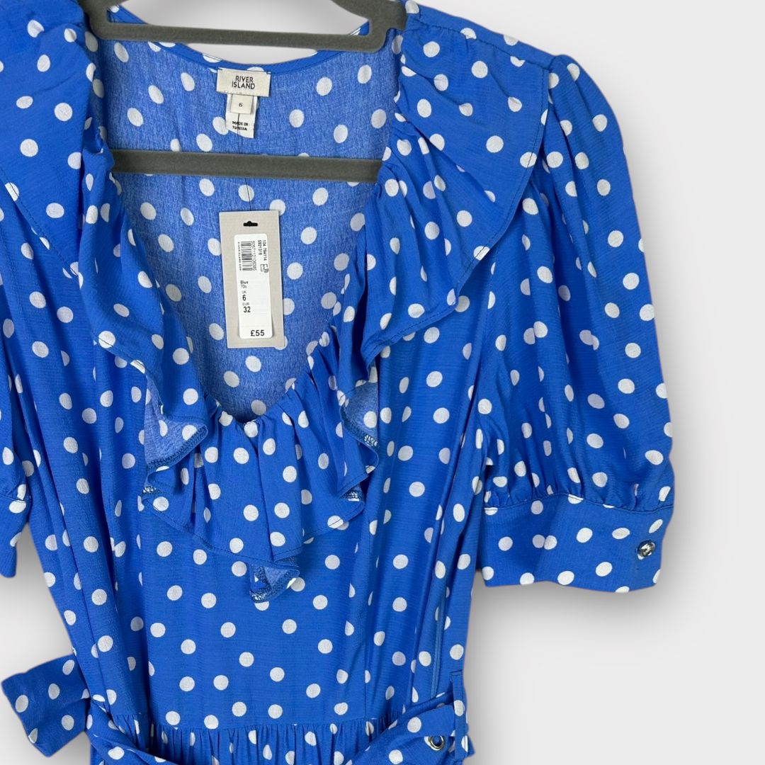 River Island Belted Spot Print Frill Hem Midi Dress - 6