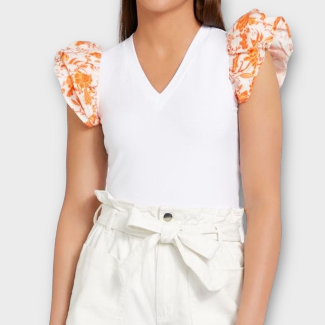 Savida Print Sleeve V Neck Tee - 10