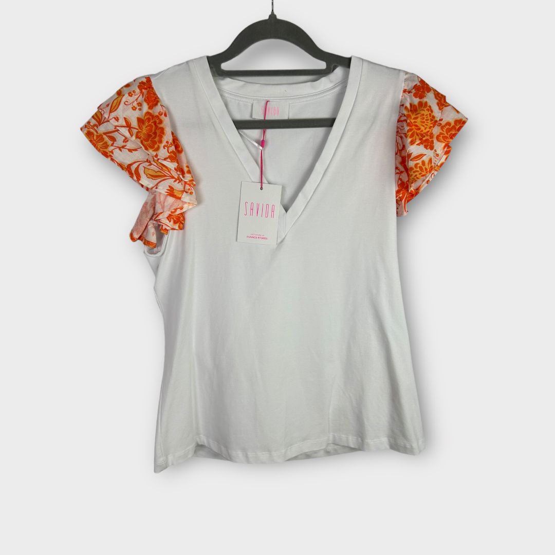 Savida Print Sleeve V Neck Tee - 10
