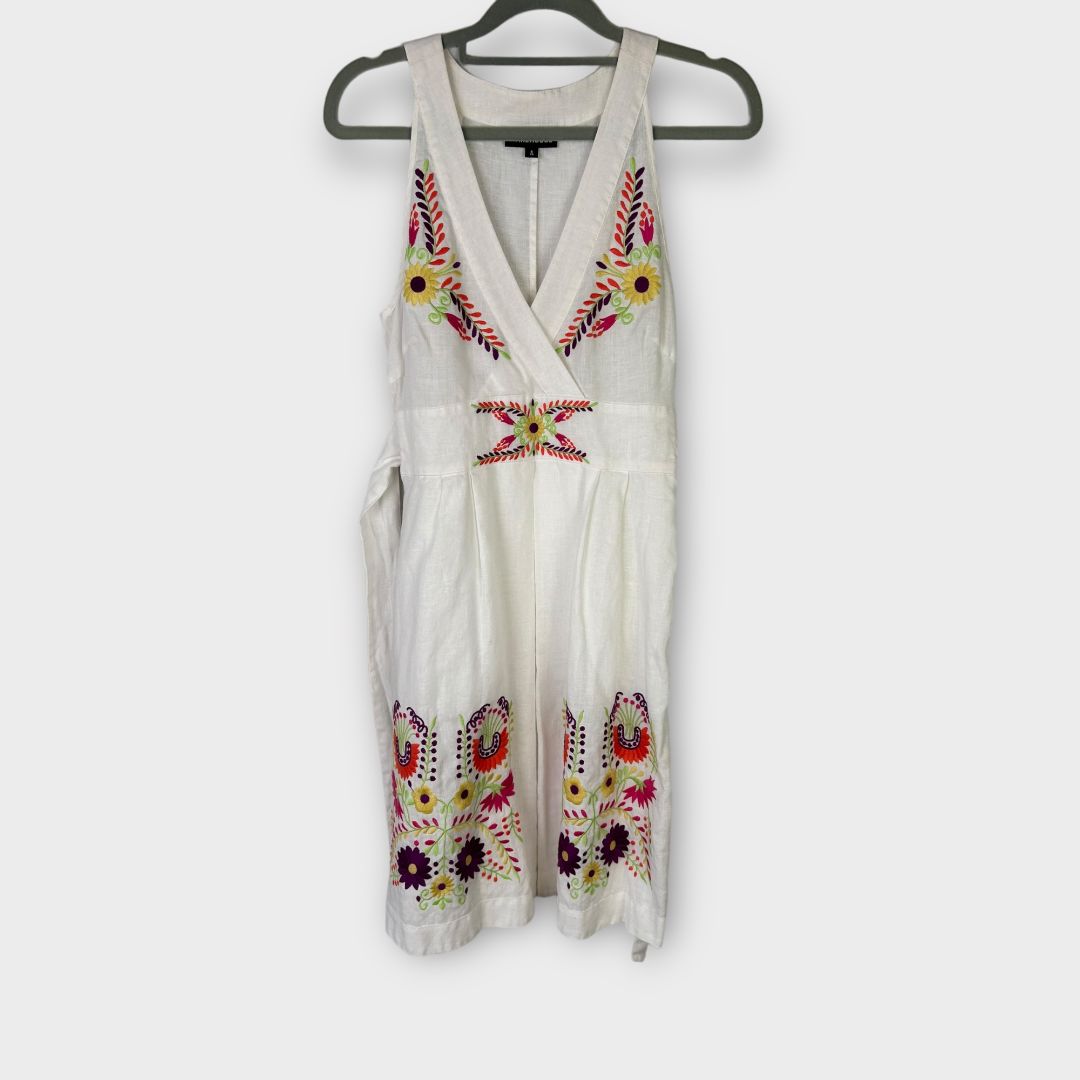 Warehouse Floral Embroidery Linen Mini Dress - 6