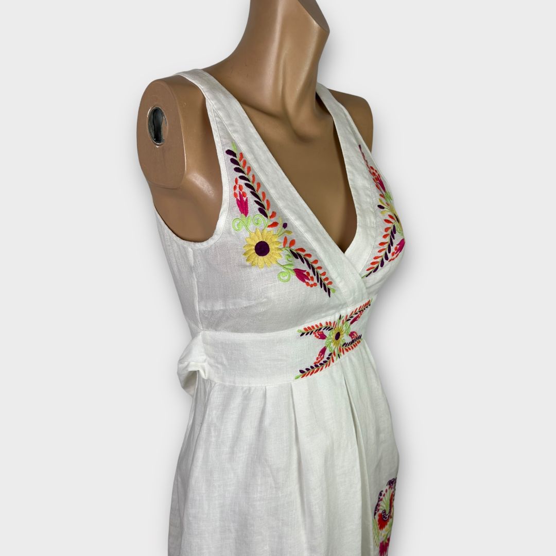 Warehouse Floral Embroidery Linen Mini Dress - 6