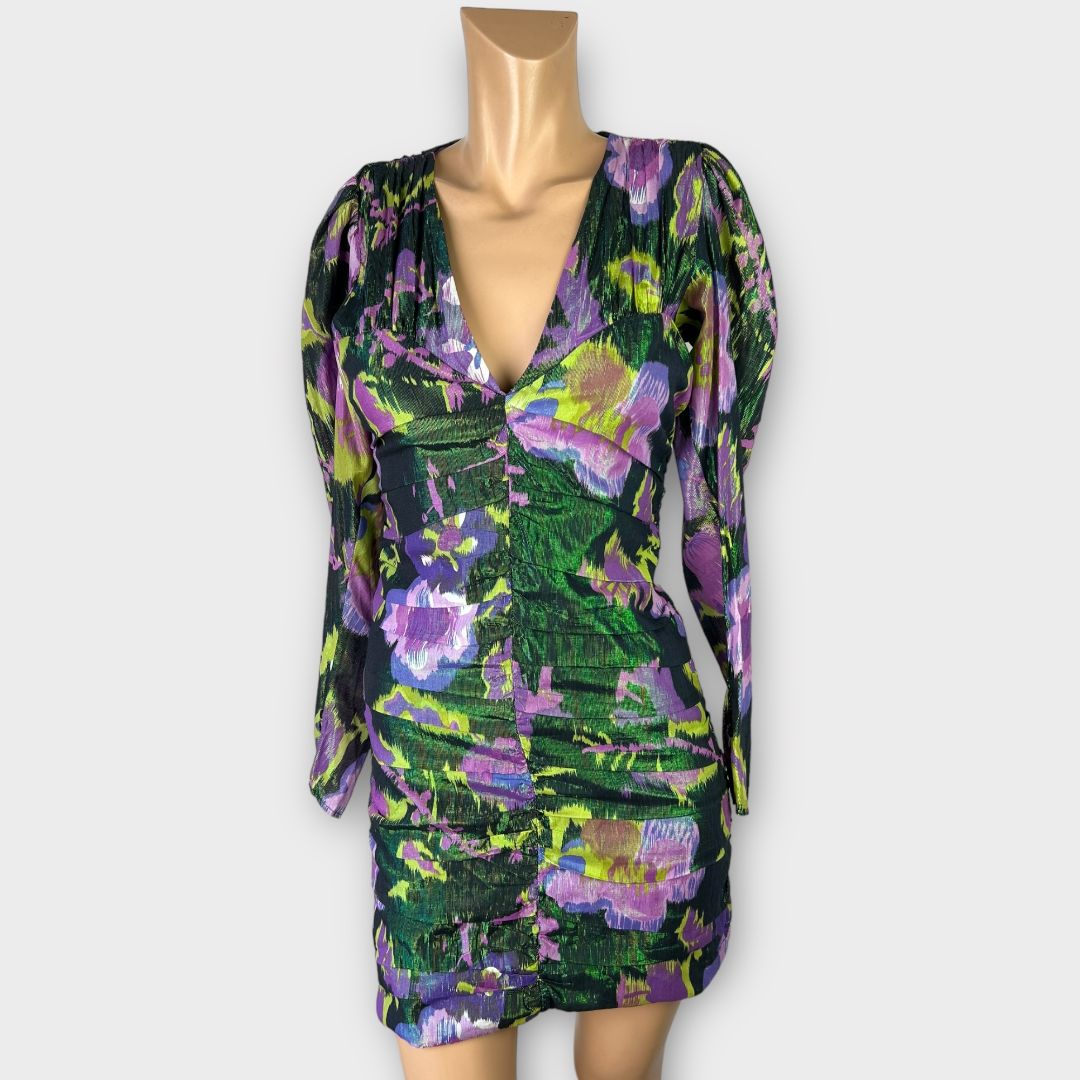 Zara Shimmery Floral Puff Sleeve Mini Dress - S